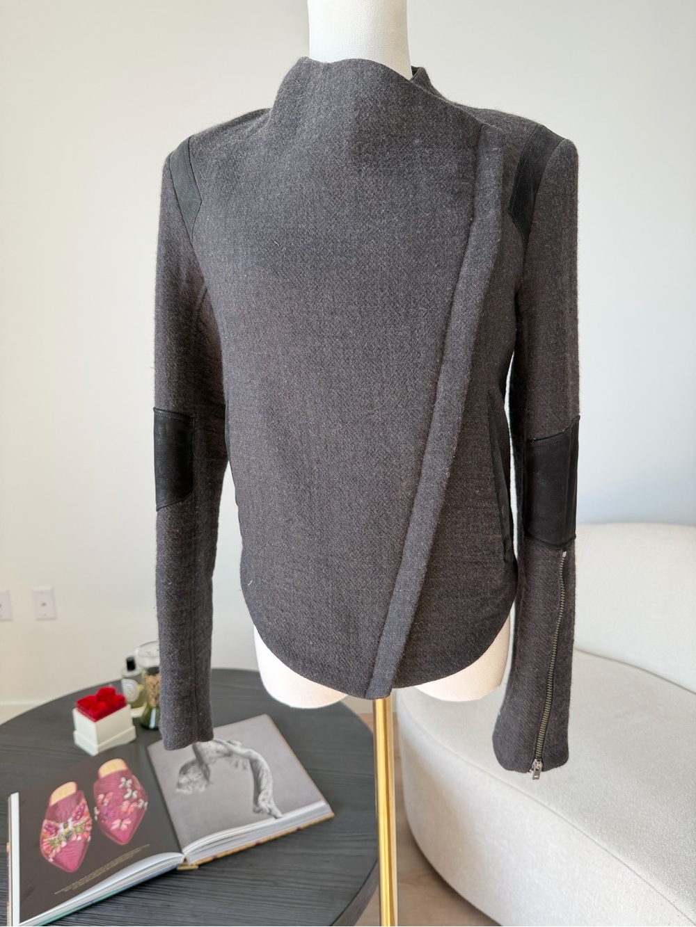 Helmut Lang Charcoal Wool Leather Moto Jacket Size S $895
